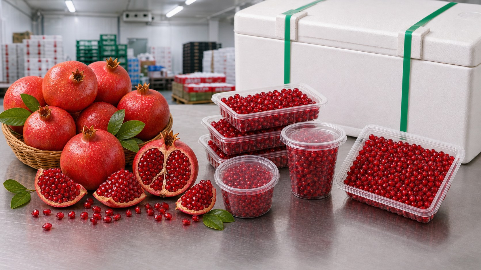 Premium pomegranate arils and Bhagwa fruit packing